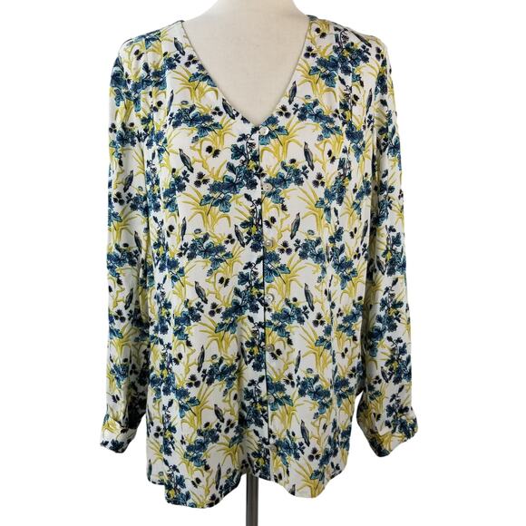 J Jill Blue White Yellow Floral Birds Long Sleeve Blouse Top Pearlized Buttons M - Picture 1 of 5